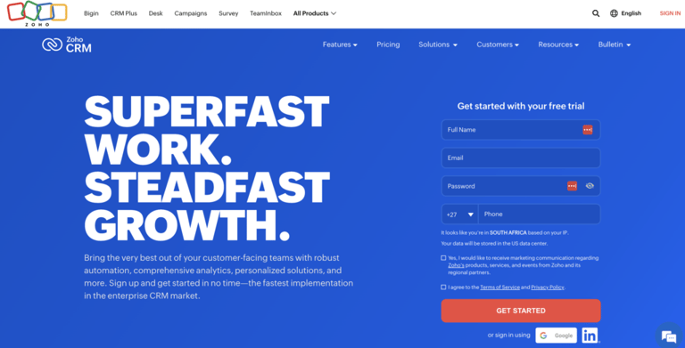 zoho website screenshot
